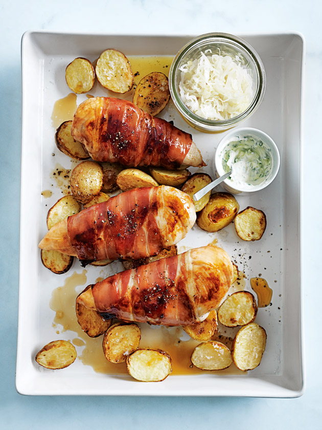 Prosciutto Wrapped Chicken With Herbed Sour Cream And Crispy Potatoes ...