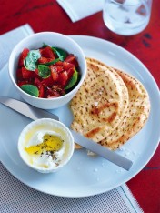 feta and lemon dip with crispy pita and tomato salad